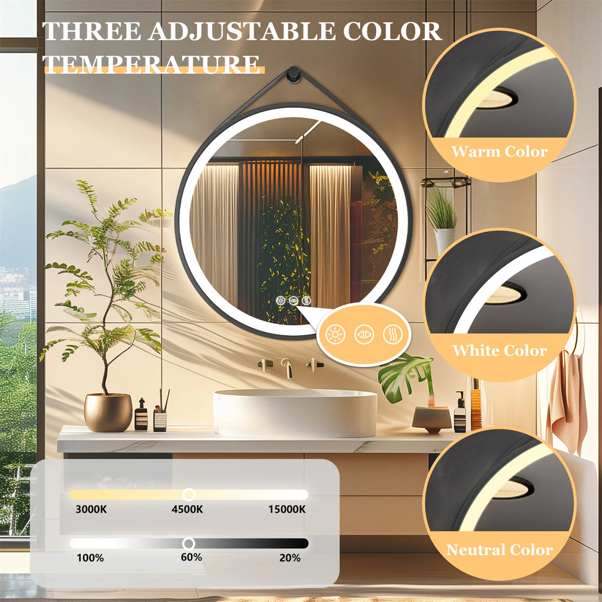 60/70/80cm Round Led Bathroom Mirror Wall Hanging Frontlit