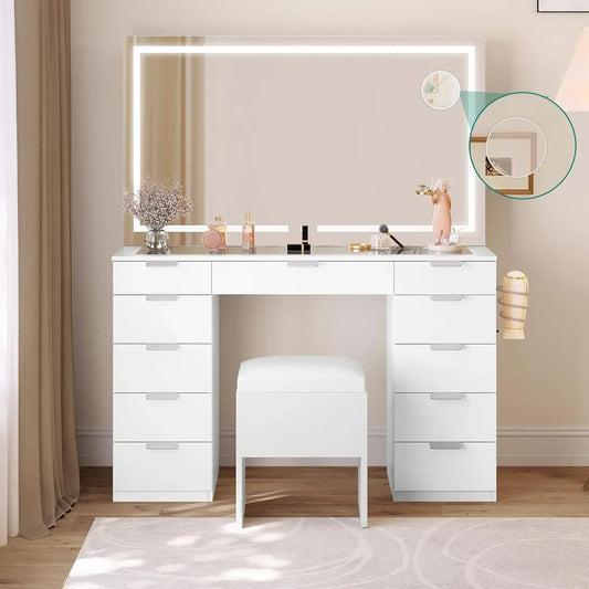 Large Led Mirror Glass Top Makeup Vanity Desk