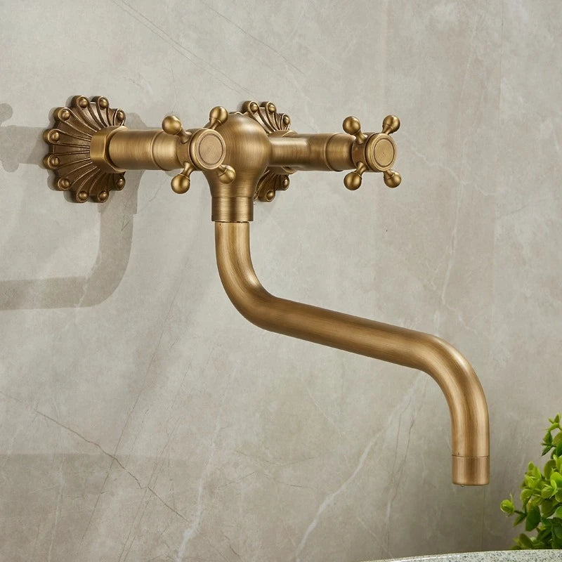 Brass Antique Wall Mounted Washbasin Faucets Double Handle