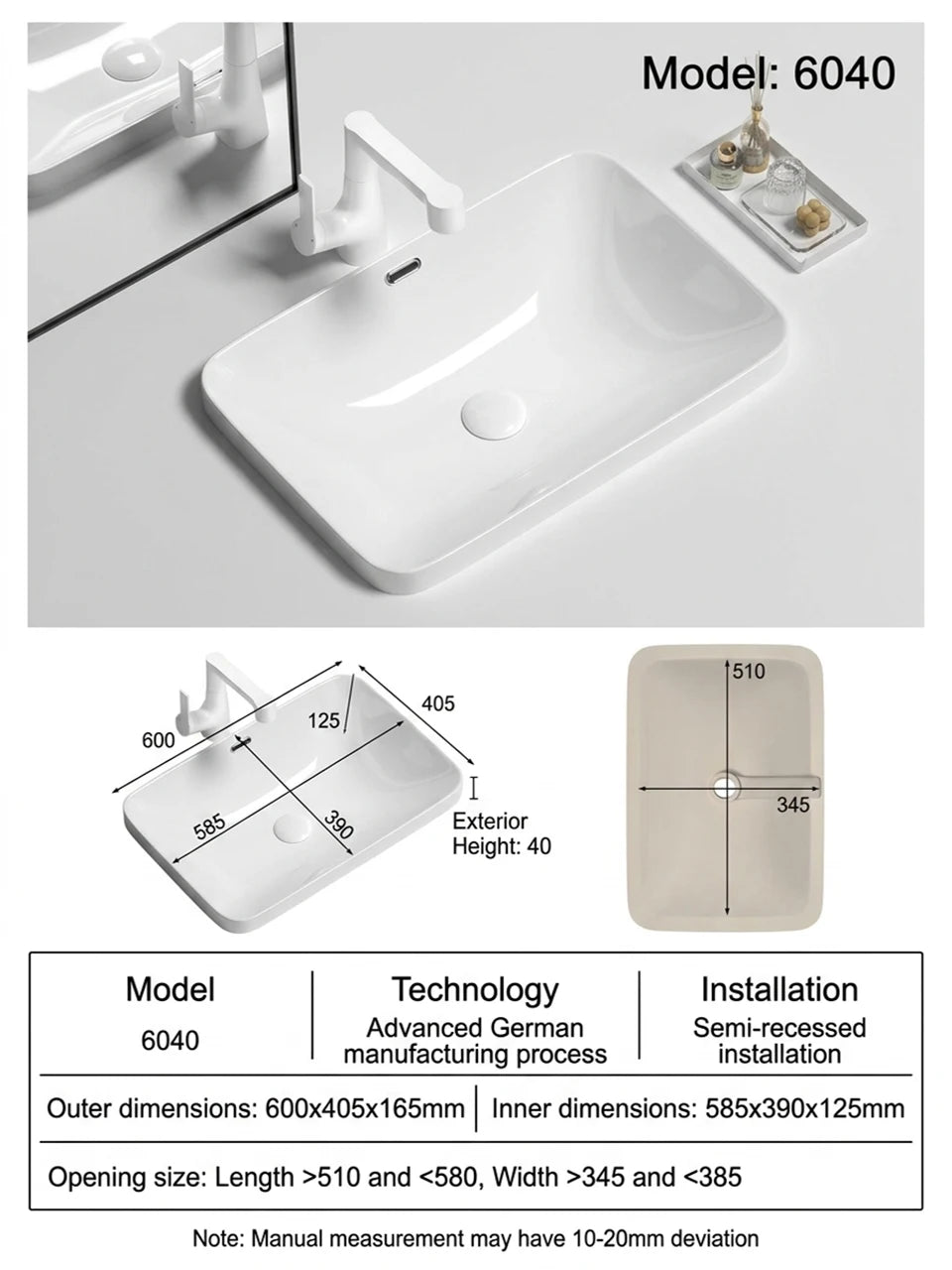 Rectangular Semi Recessed Ceramic Wash Basin Bathroom Countertop