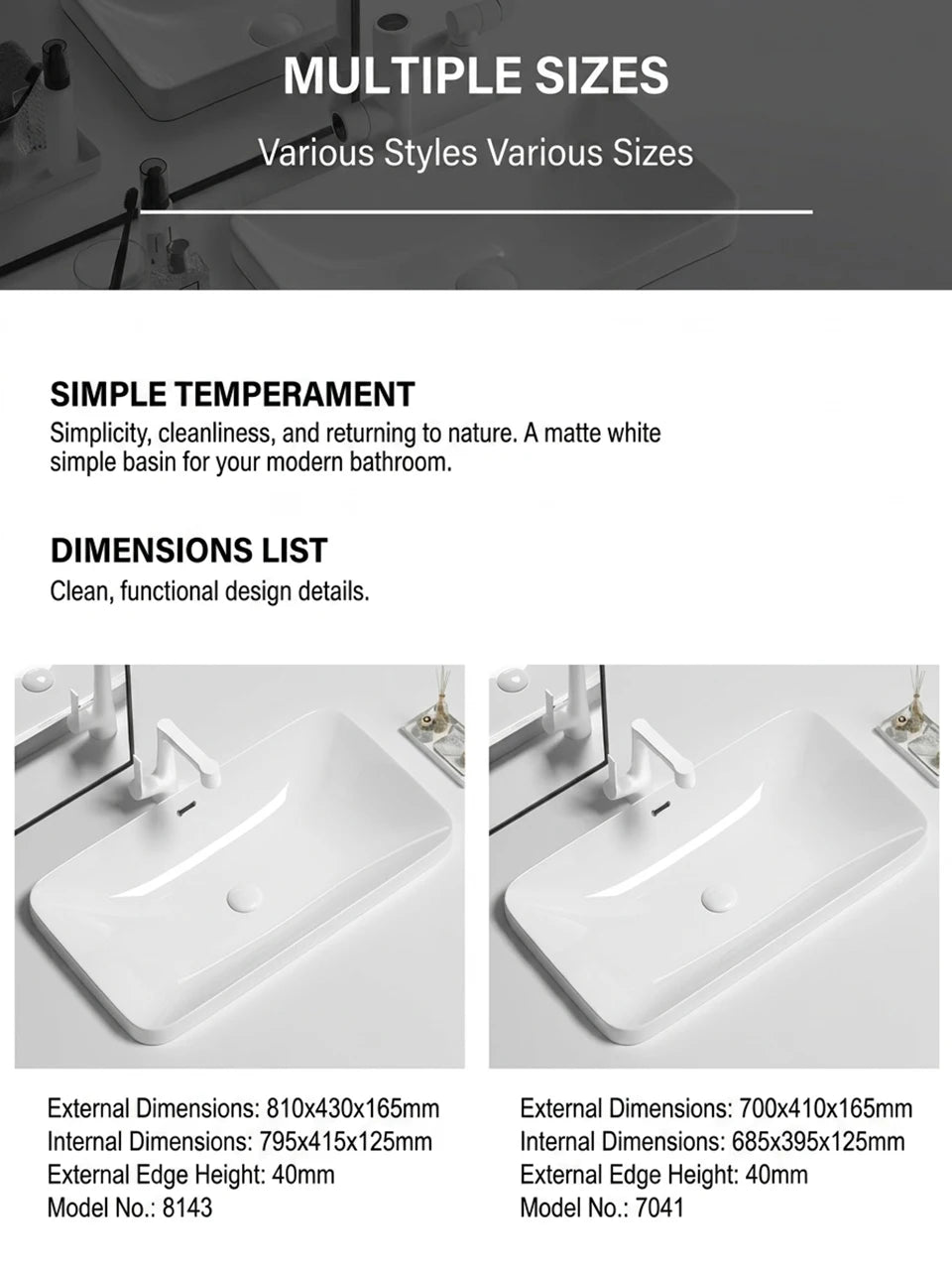 Rectangular Semi Recessed Ceramic Wash Basin Bathroom Countertop