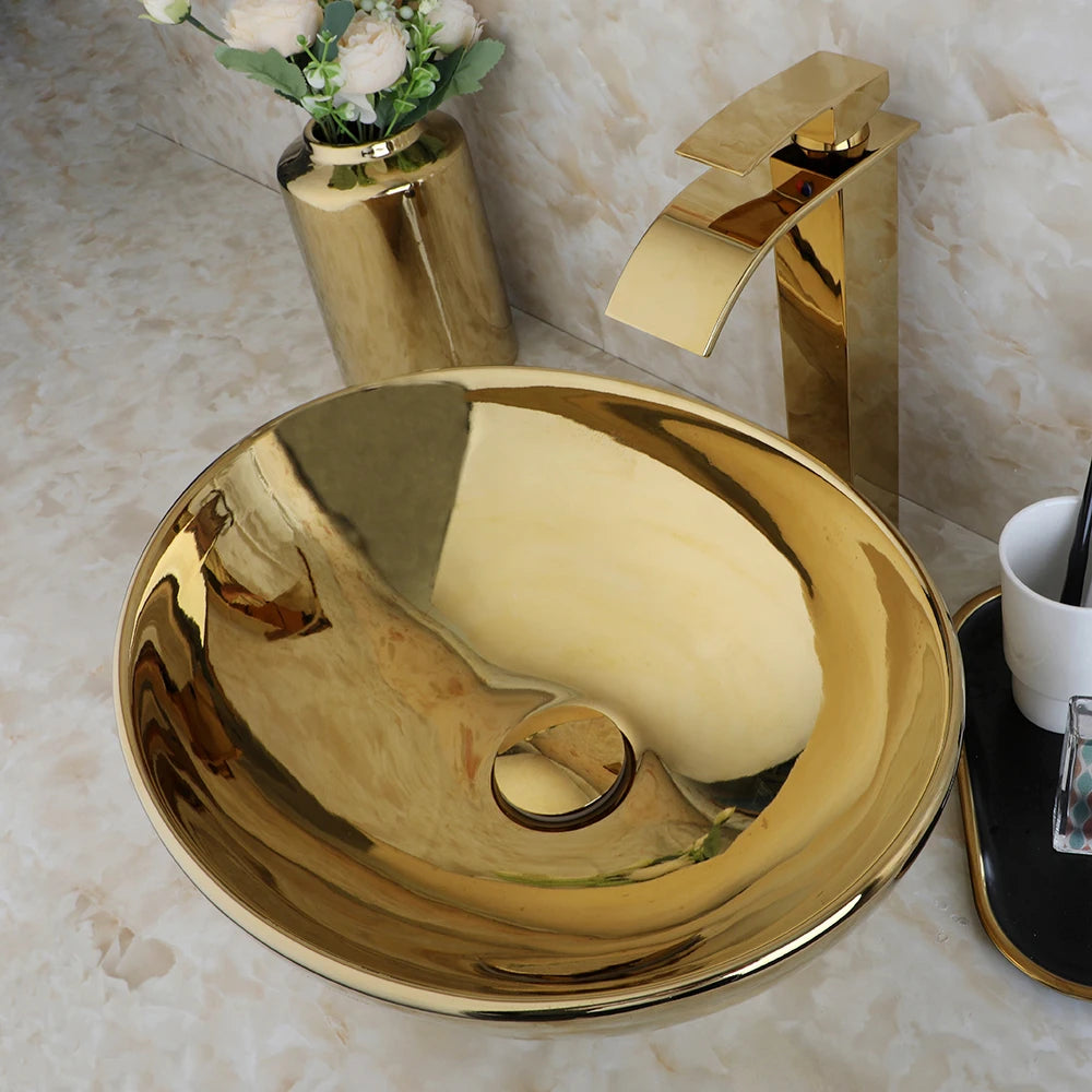 Kemaidi Bathroom Vessel Sink Luxury Shiny Gold Ceramic