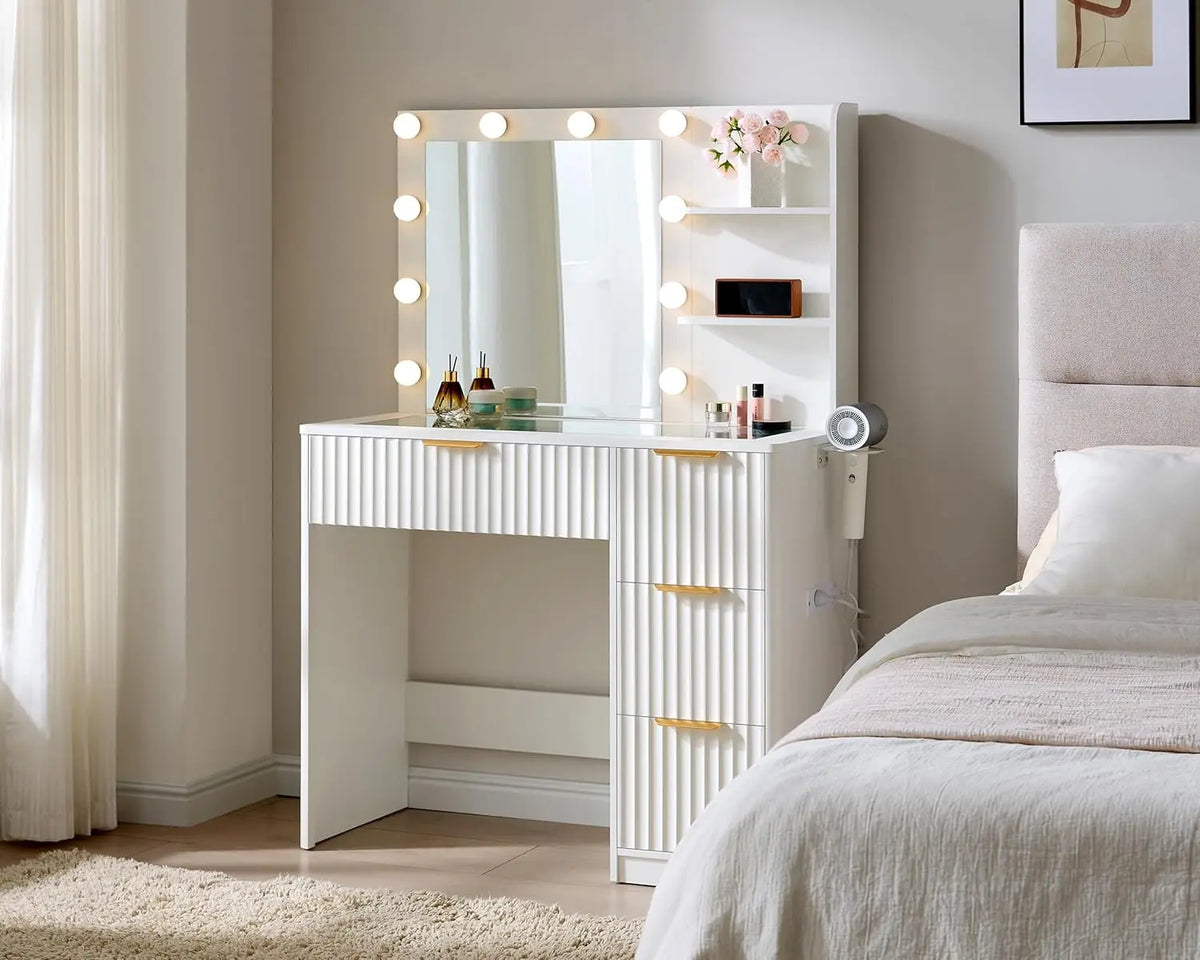 Fluted Vanity Desk Mirror Adjustable Led Lights Large