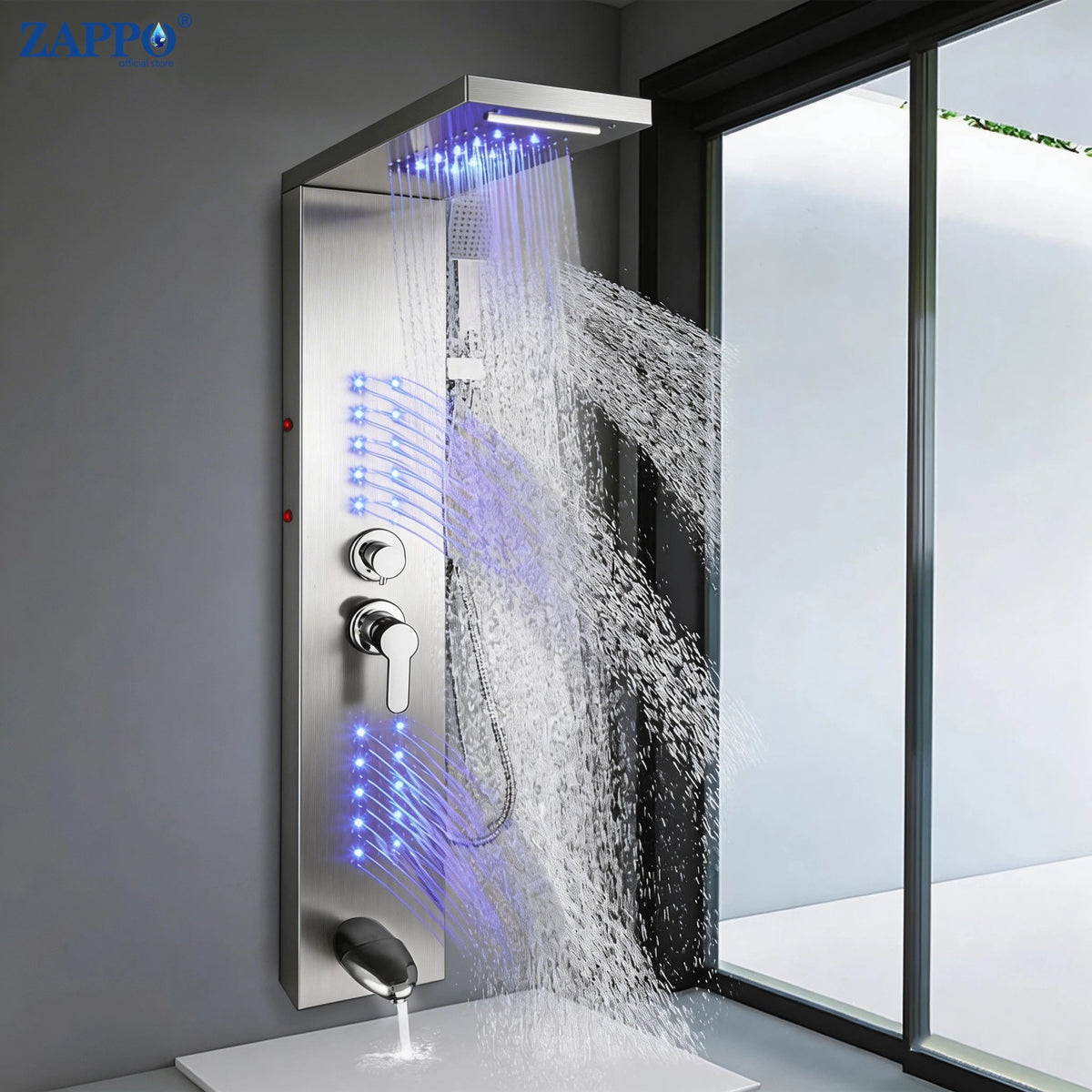 Zappo Shower Panel Tower System Led Rainfall Waterfall