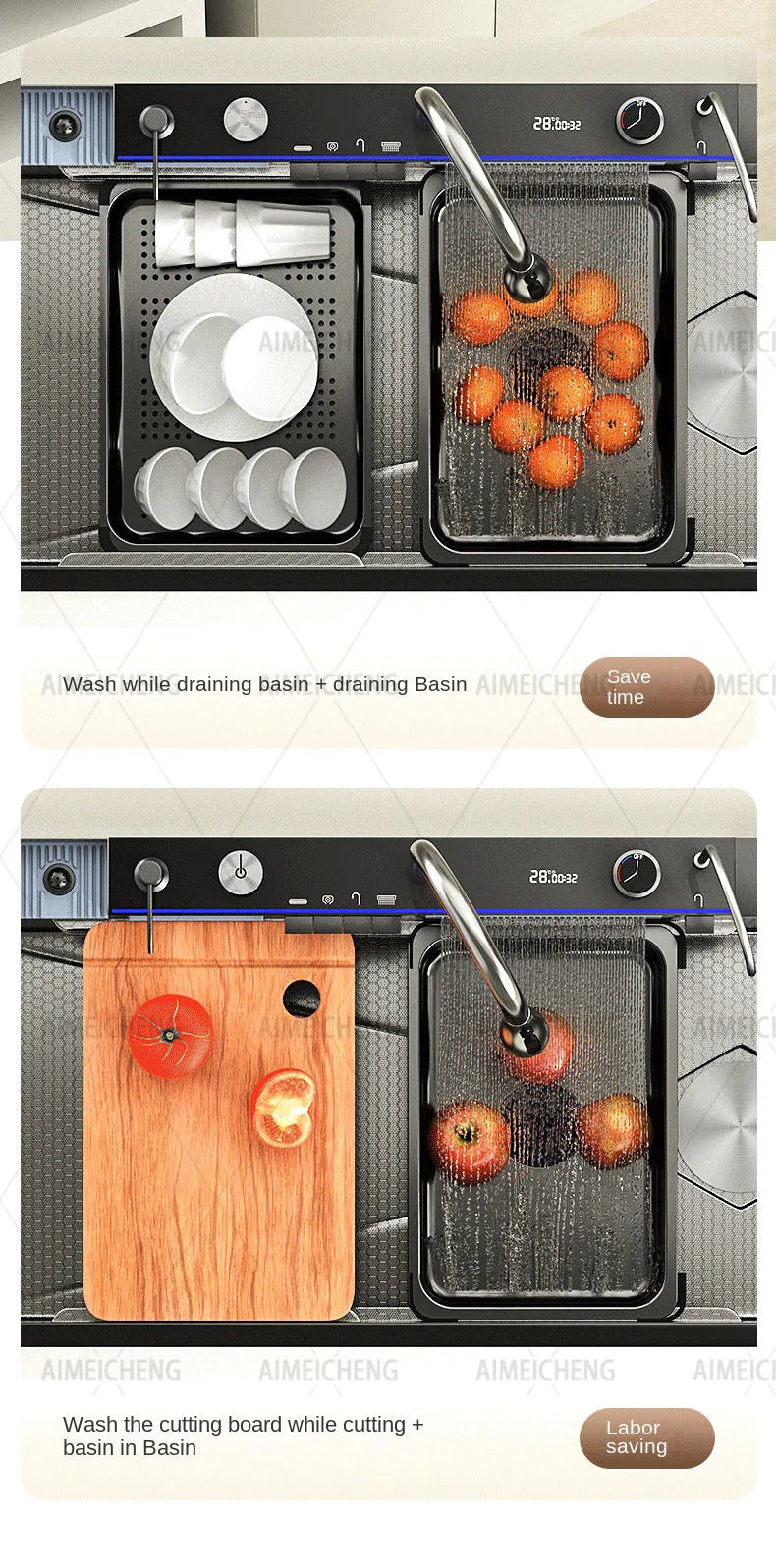 Stainless Steel Waterfall Sink Embossed Large Slot Vegetable