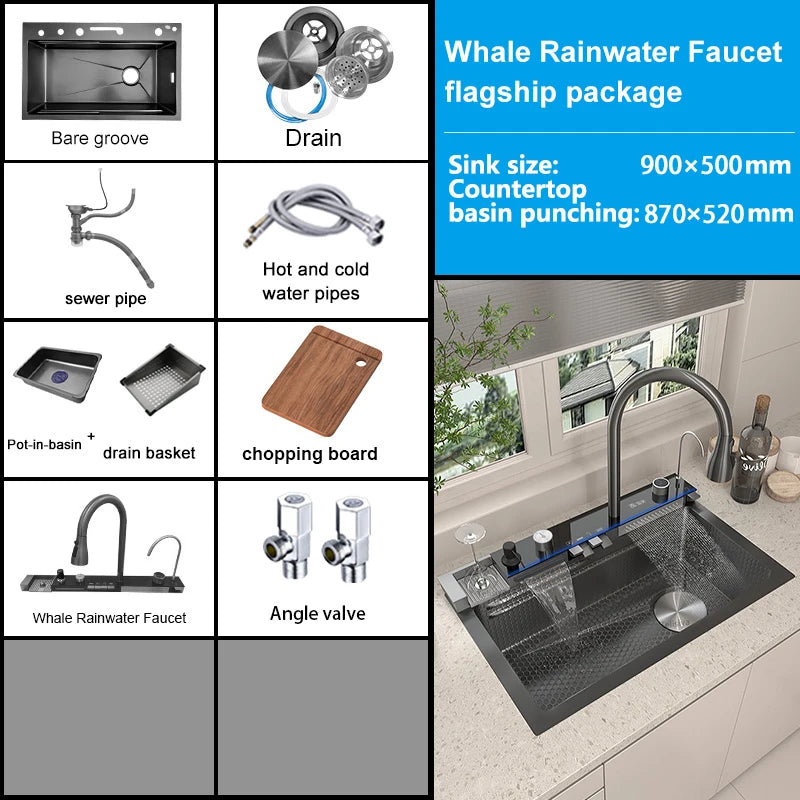 Waterfall Digital Display Sink Stainless Steel Wash Dish