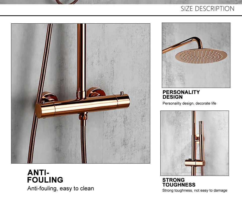 Rose Gold Thermostatic Shower Falcet Sets Wall Mount
