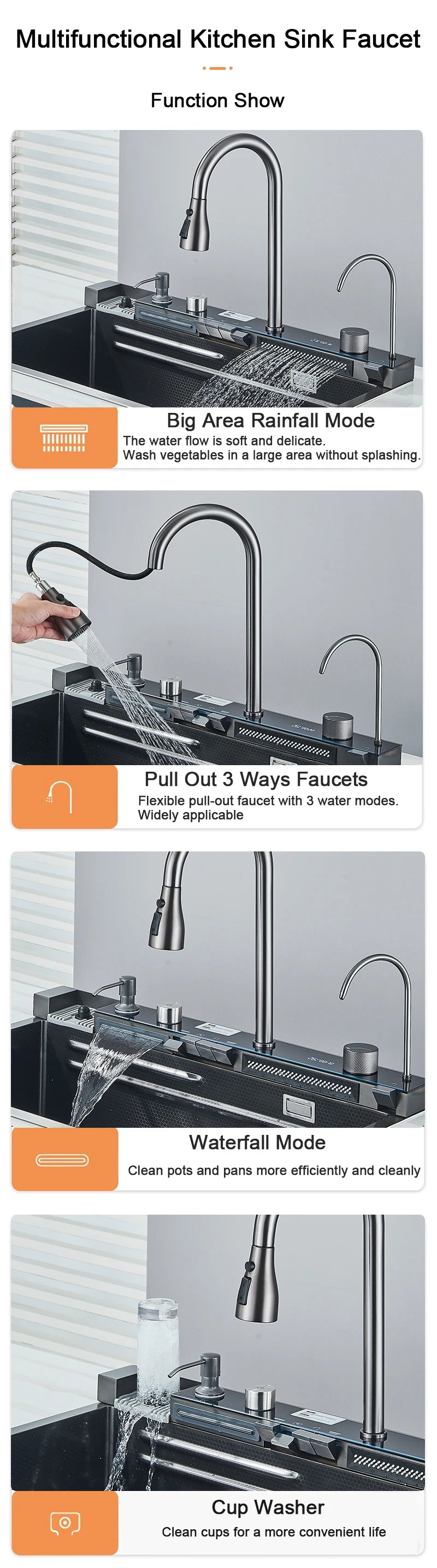 Stainless Steel Sink Faucet Digital Display Large Bowl