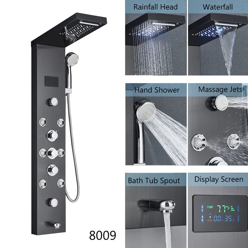Led Shower Panel Waterfall Rain Temperature Digital Display
