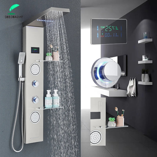 Brushed Nickel Bathroom Led Rainfall Shower Faucet Digital