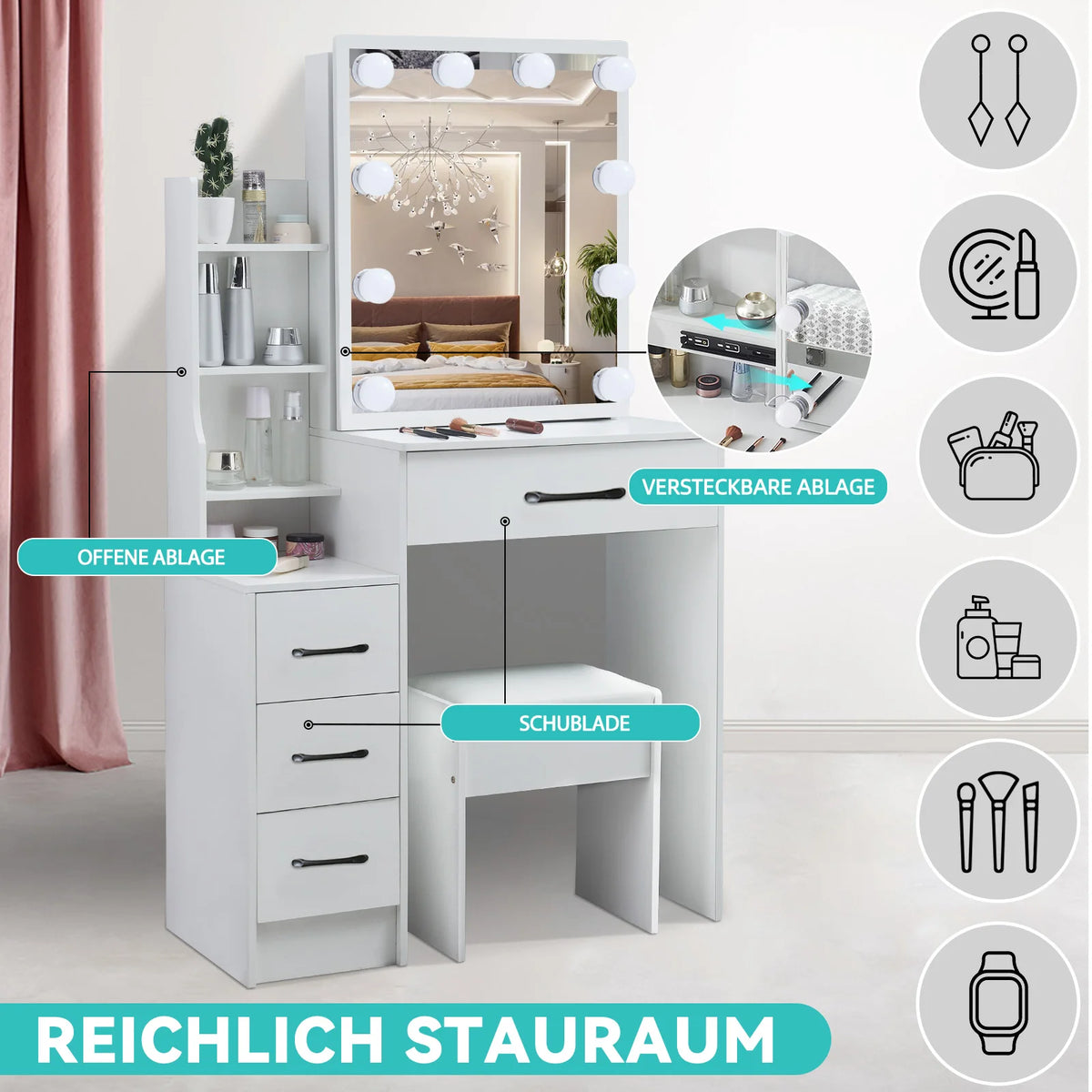 Makeup Vanity Dressing Table Sliding Mirror 10 Led
