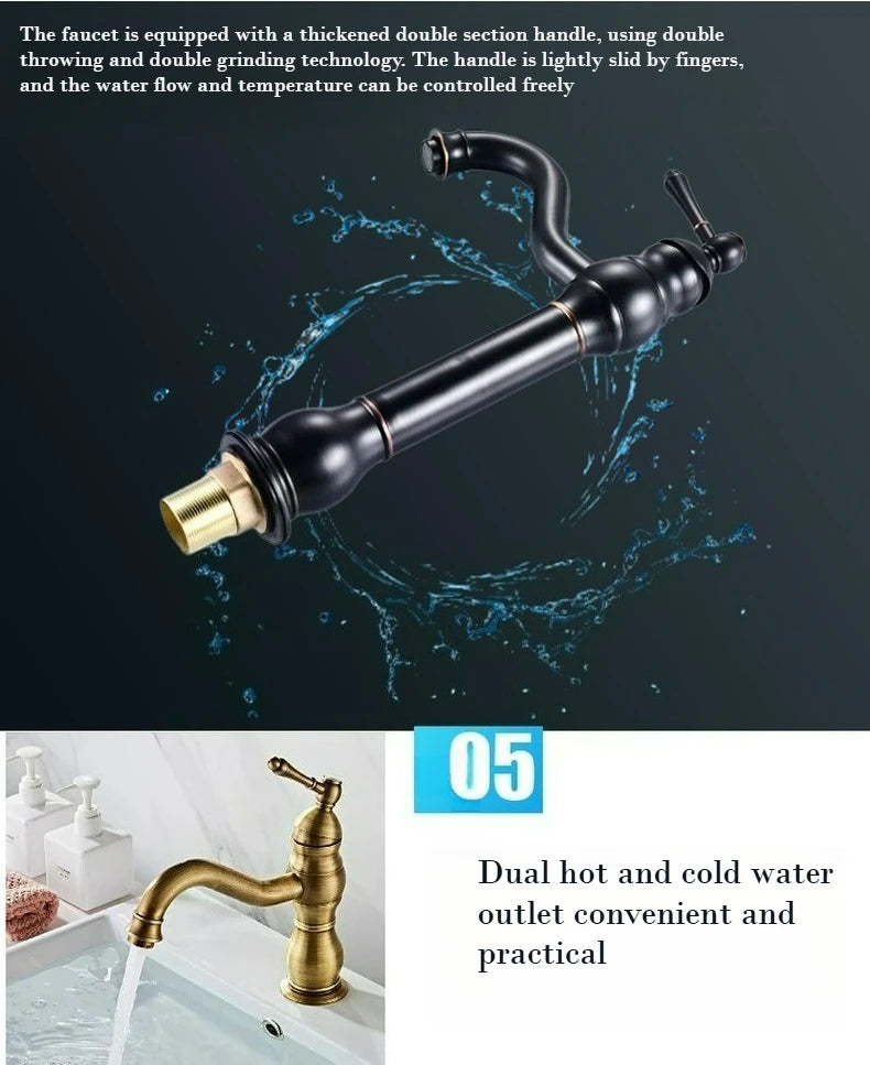 Antique Brass Basin Faucet 360 Rotation Handle Deck