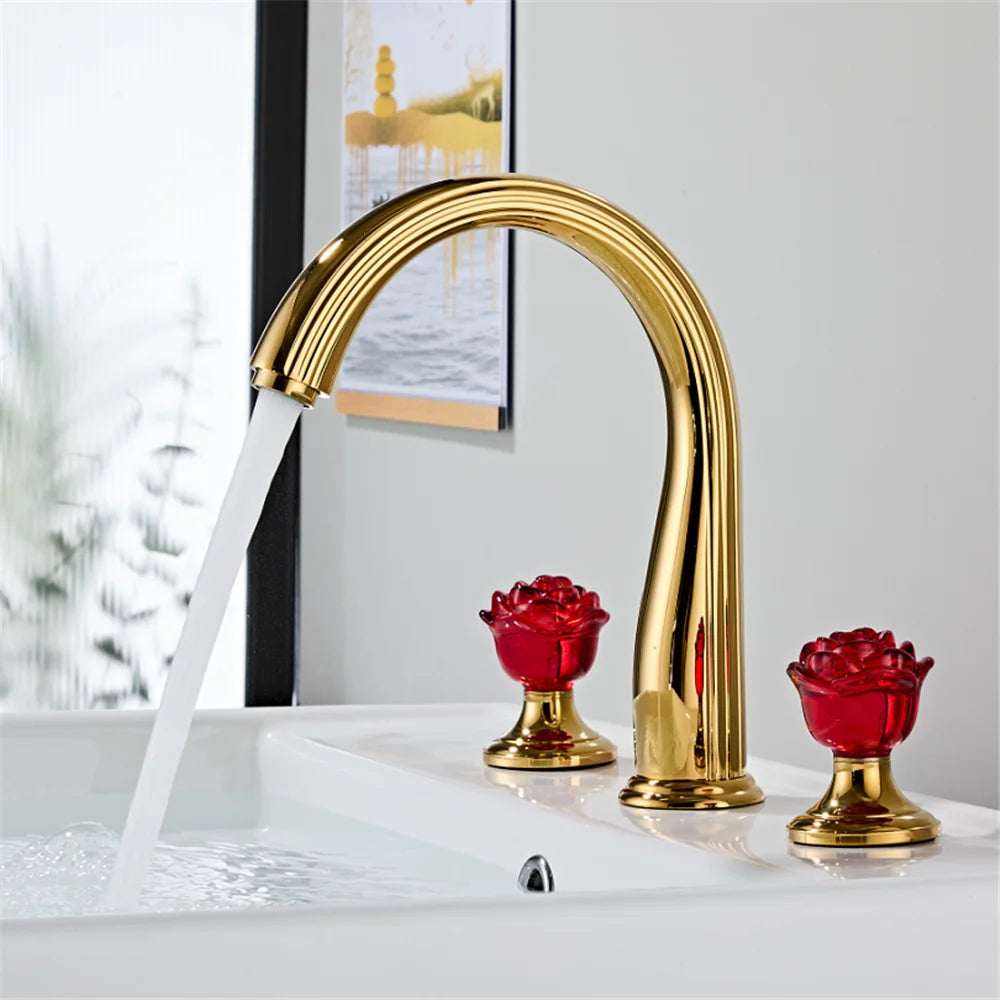 Gold Red Rose Basin Faucet Widespread Sink Tap