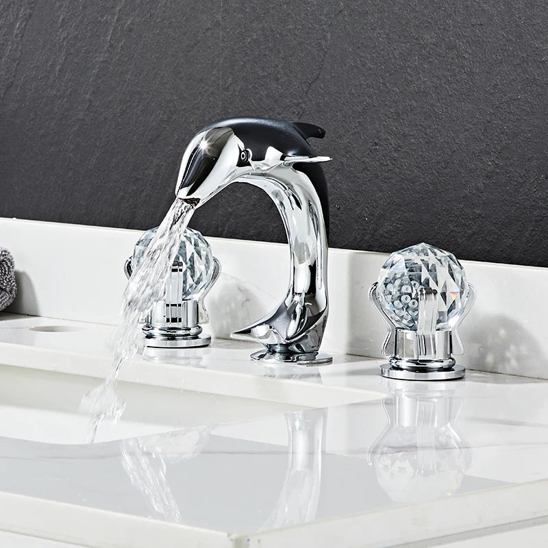 3pcs Golden Bathroom Basin Faucet Crystal Handle Widespread