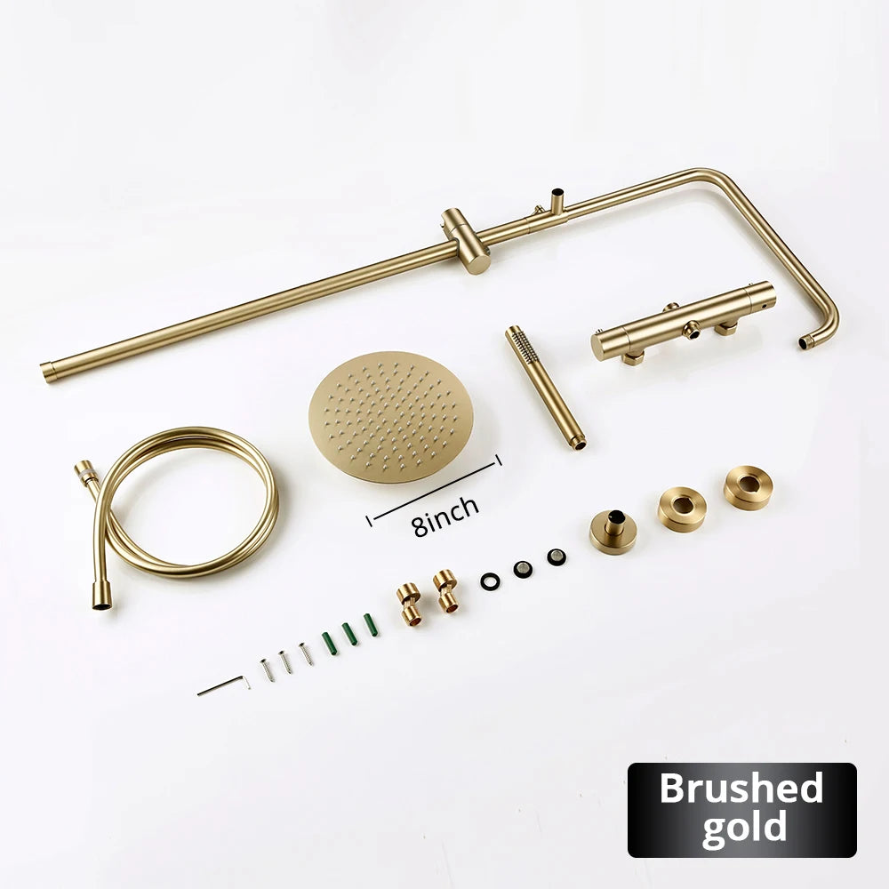Brushed Gold Thermostatic Shower Faucets Sets Wall Mount