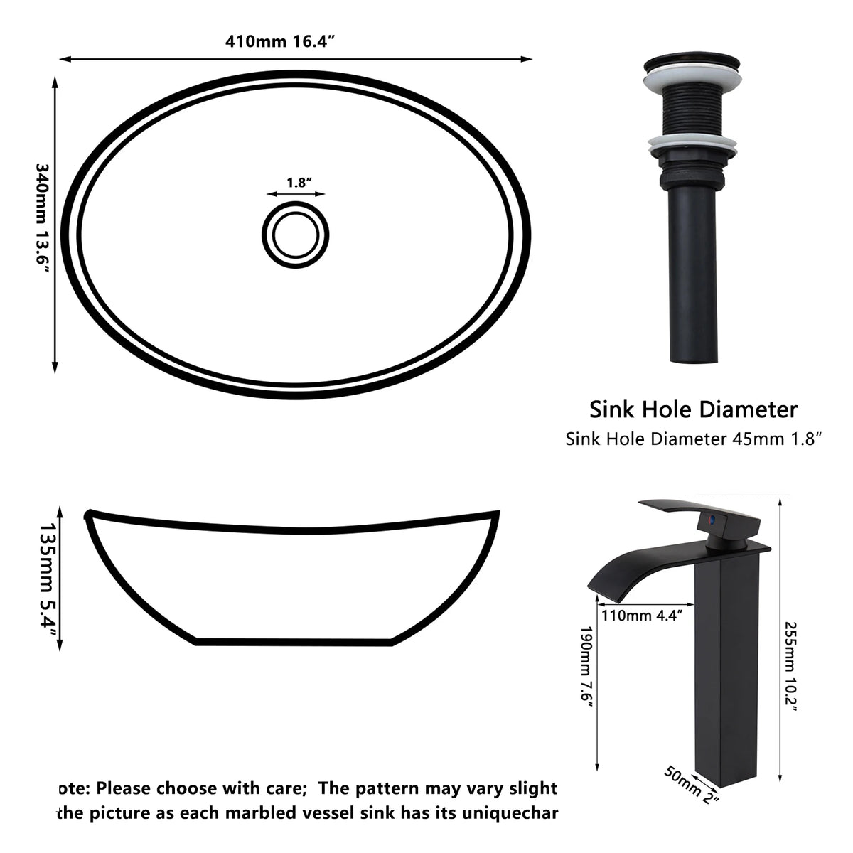 Kemaidi Oval Vessel Sink Faucet White Marbling Bathroom