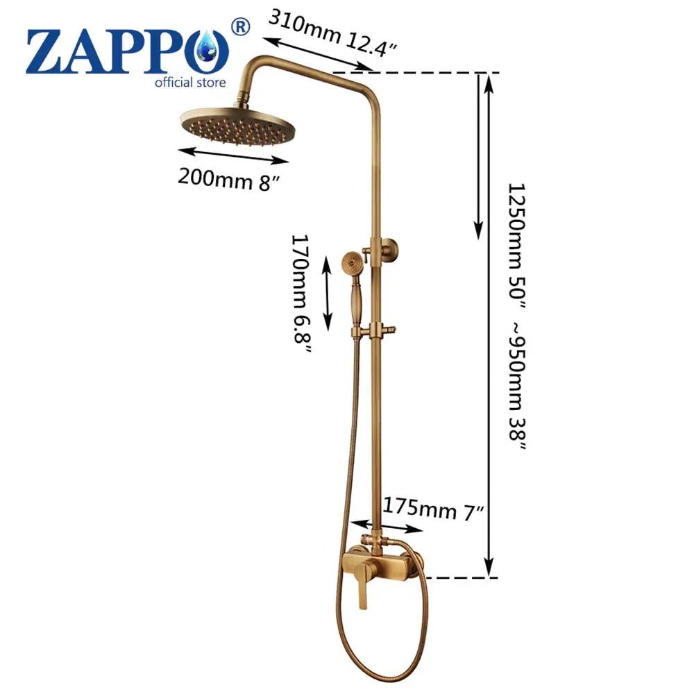 Zappo Antique Brass Shower Systerm Flexible Retro Brass