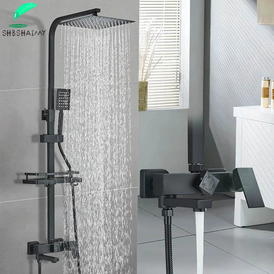 Black Brass Shower Faucet Sets Rainfall Bathtub Tap