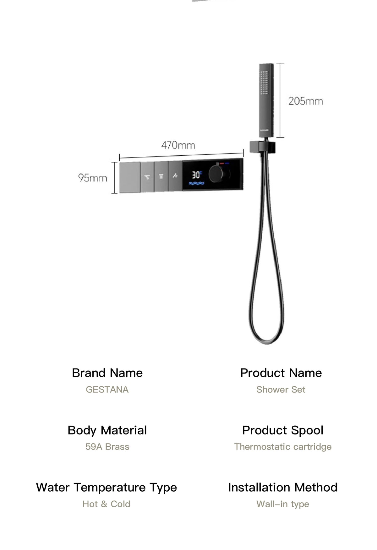 Gunmetal Luxury Brass Built-In Thermostatic Shower System Led