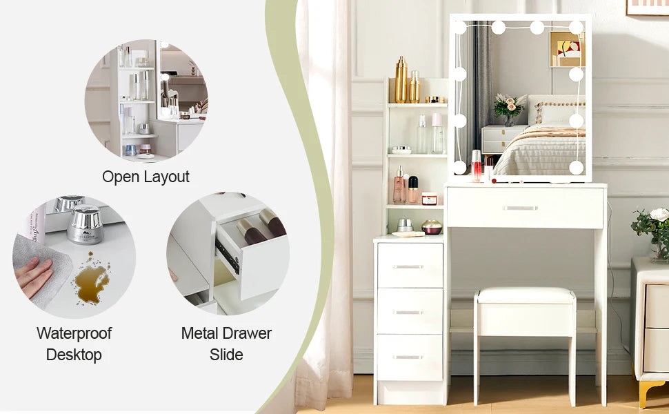 Led Vanity Table Sliding Mirror White Makeup Desk