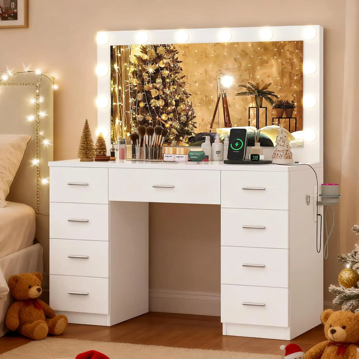 46 Vanity Desk Glass Top & Lights Mirror