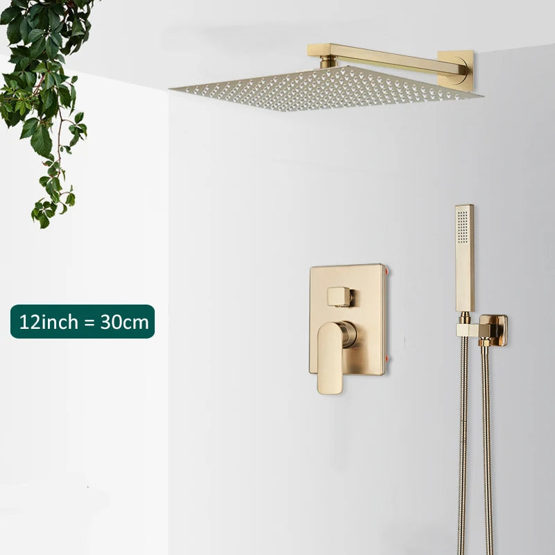 Quyanre Brushed Gold Shower Faucets Bathroom Wall Mounted