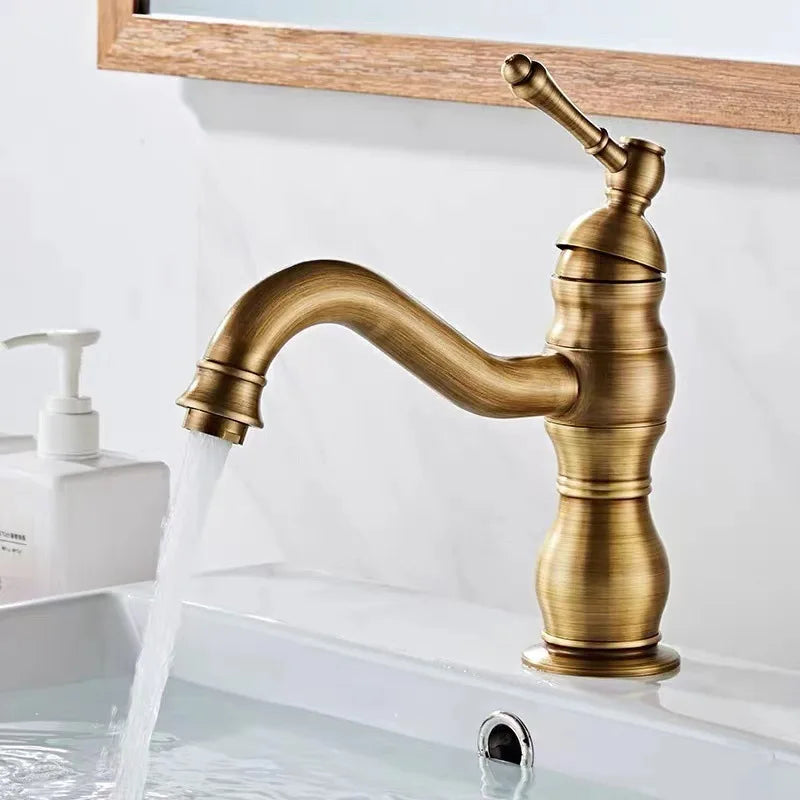 Antique Brass Basin Faucet 360 Rotation Handle Deck