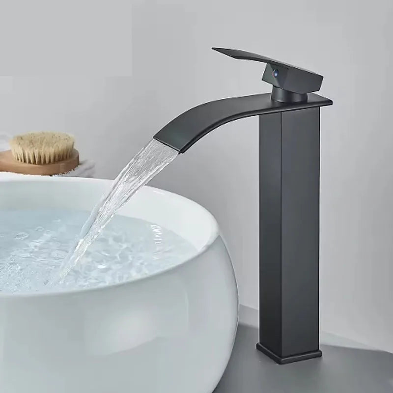 Brushed Golden Basin Faucets Elegant Waterfall Bathroom Sink