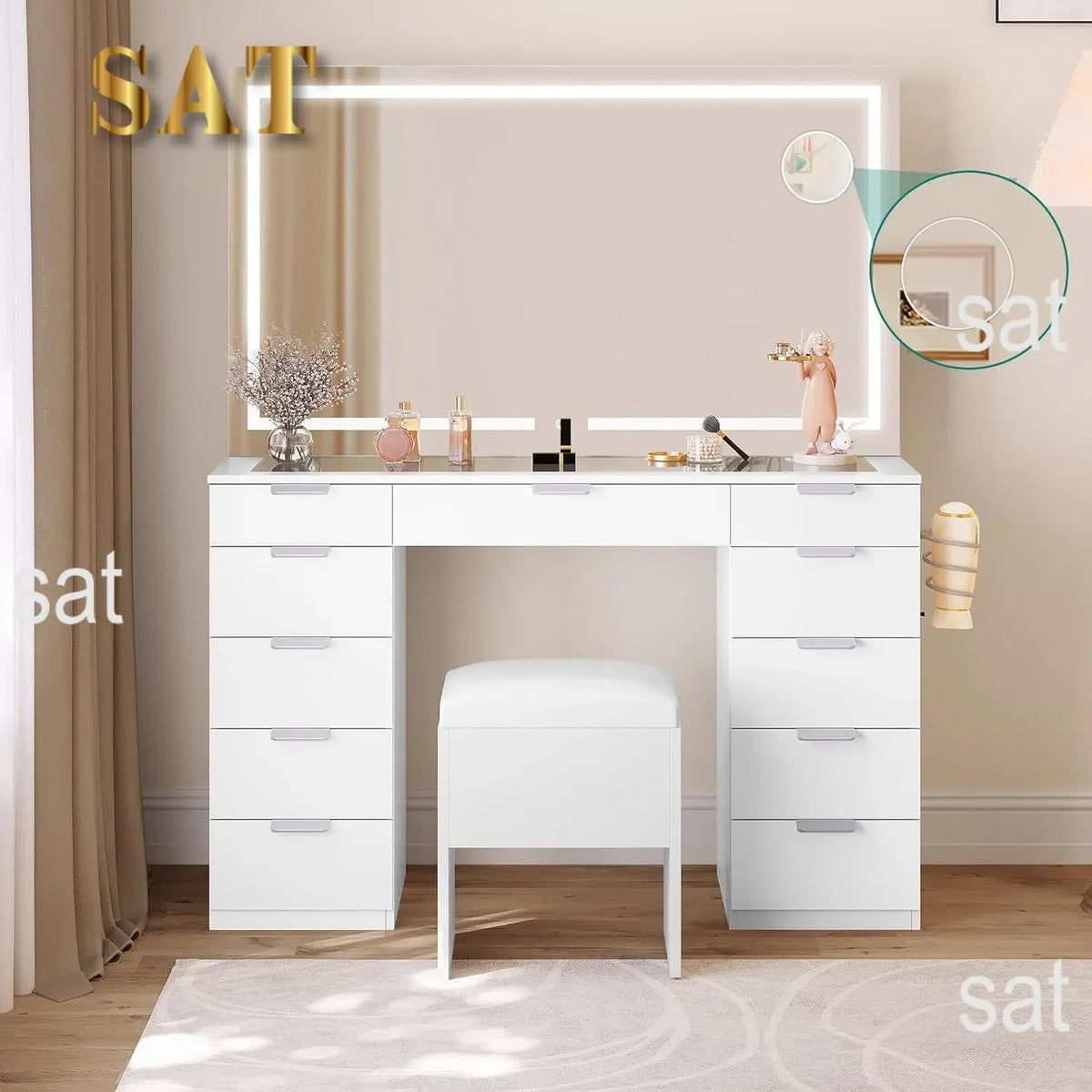 Large Led Mirror Glass Top Makeup Vanity Desk