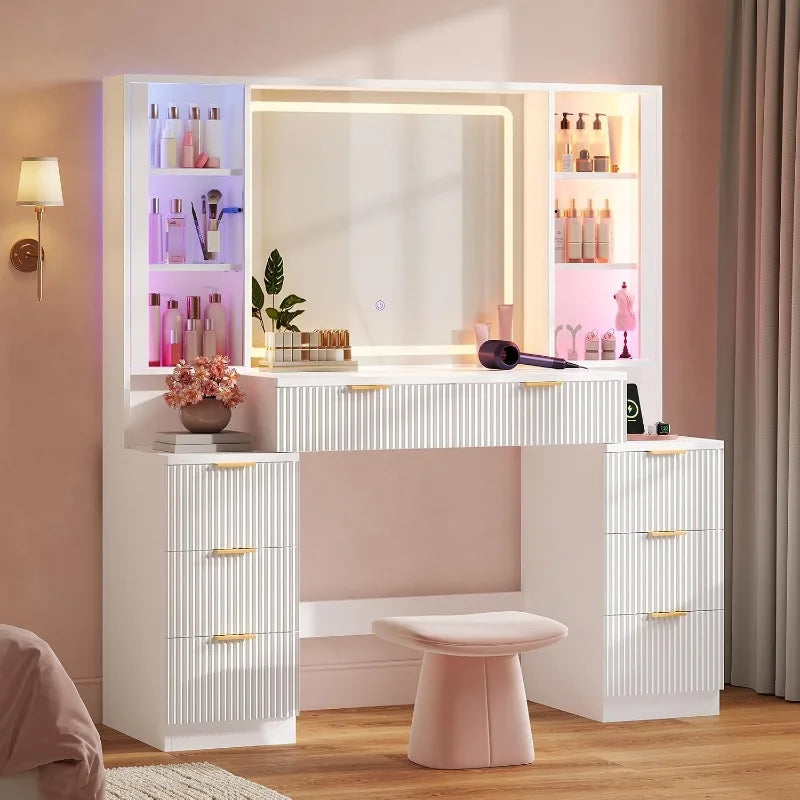 Hauoms Big Vanity Fluted Wood Makeup Vanity Desk
