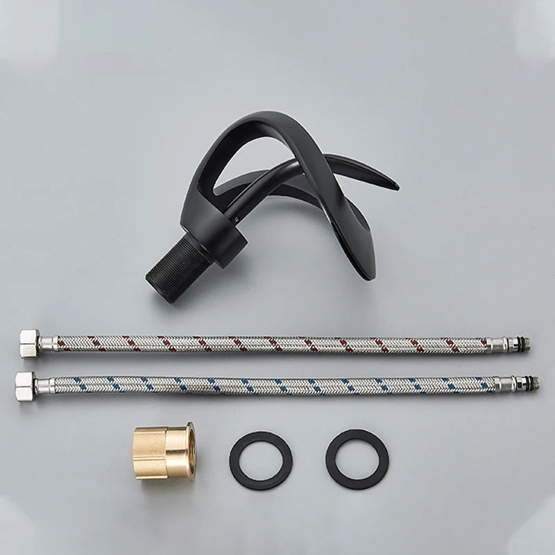 Black Bathroom Basin Taps Handle Waterfall Faucet Solid