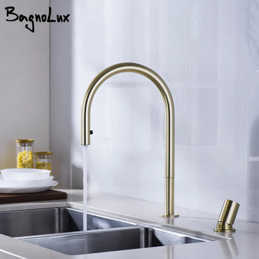 Brushed Gold Faucet Invisible Pull Out Spray Mixer