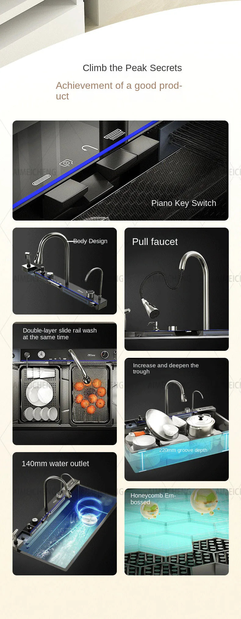 Stainless Steel Waterfall Sink Embossed Large Slot Vegetable