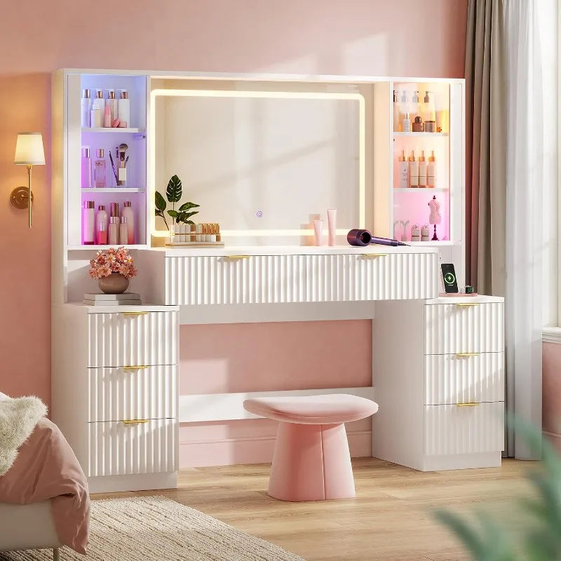 Hauoms Big Vanity Fluted Wood Makeup Vanity Desk
