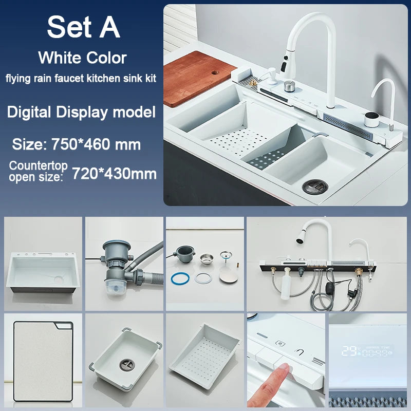 Stainless Steel Sink Faucet Digital Display Large Bowl
