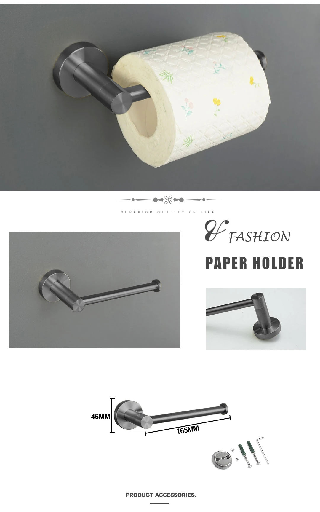 Grey Bathroom Hardware Kit Stainless Steel Round Wall