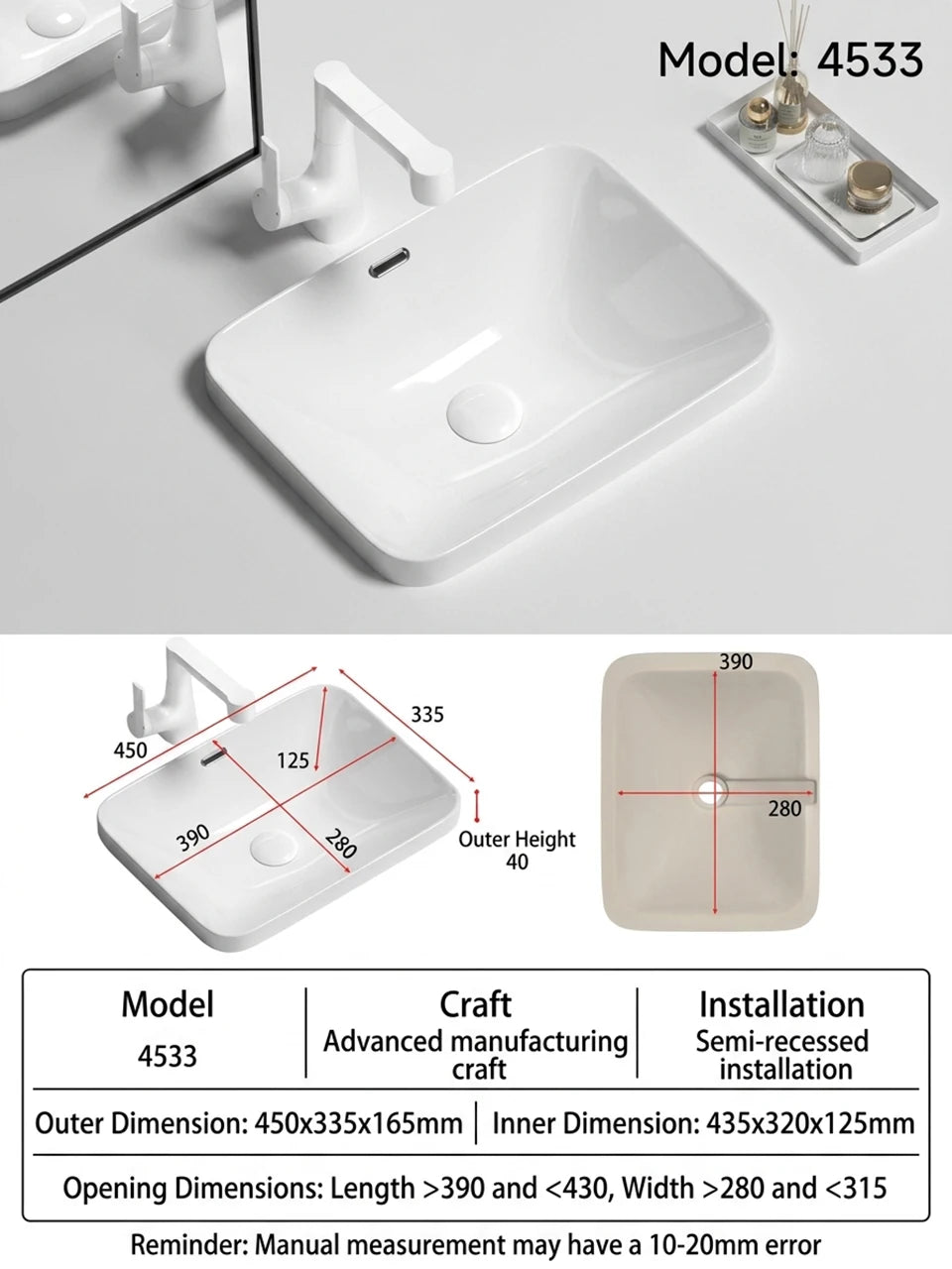 Rectangular Semi Recessed Ceramic Wash Basin Bathroom Countertop
