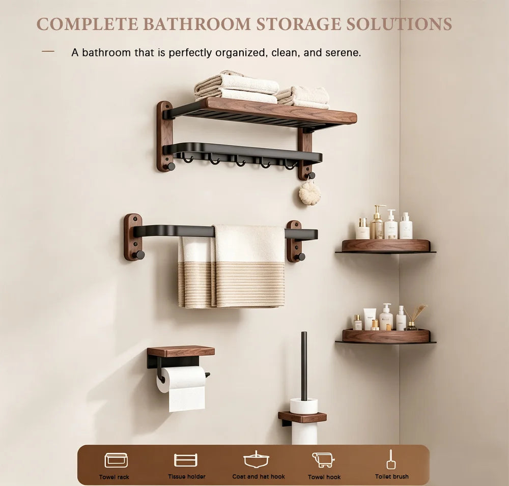 Walnut Wood Bathroom Wall Mounted Towel Rack Shelf