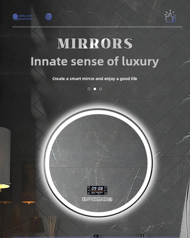 Round Smart Bathroom Mirror Wall-Mounted Led Light Touch