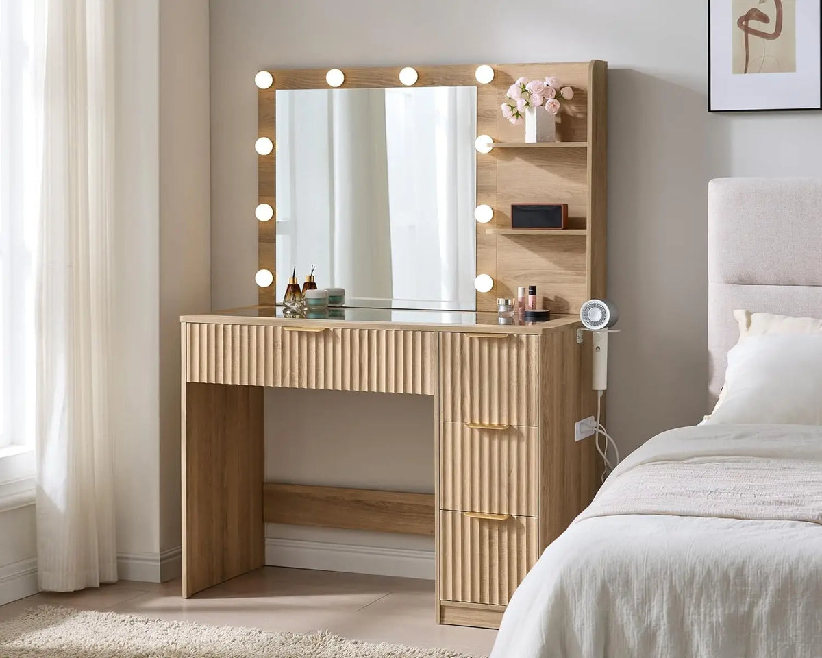 Fluted Vanity Desk Mirror Adjustable Led Lights Large