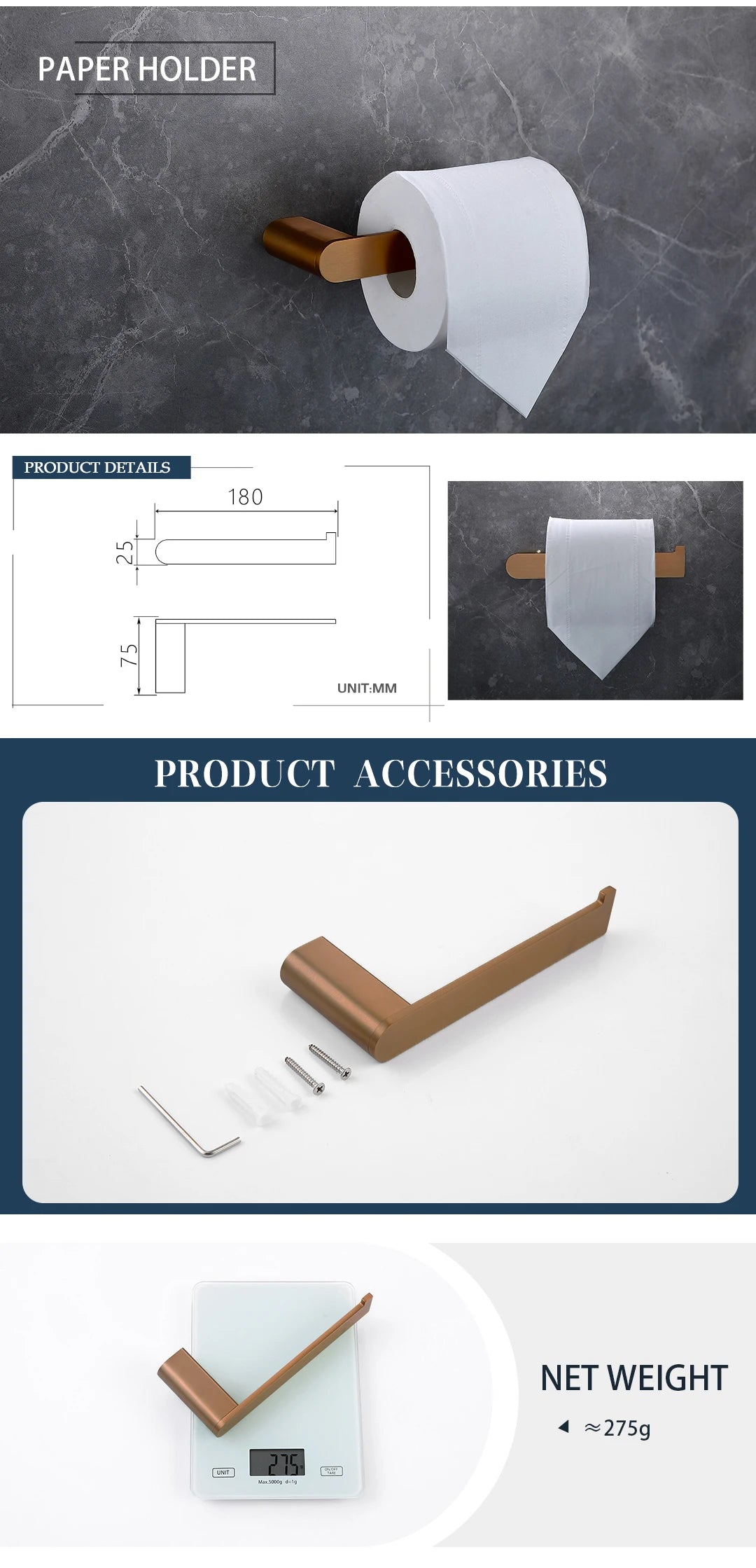 Rose Gold Bathroom Wall Mount Shelf Toilet Bath