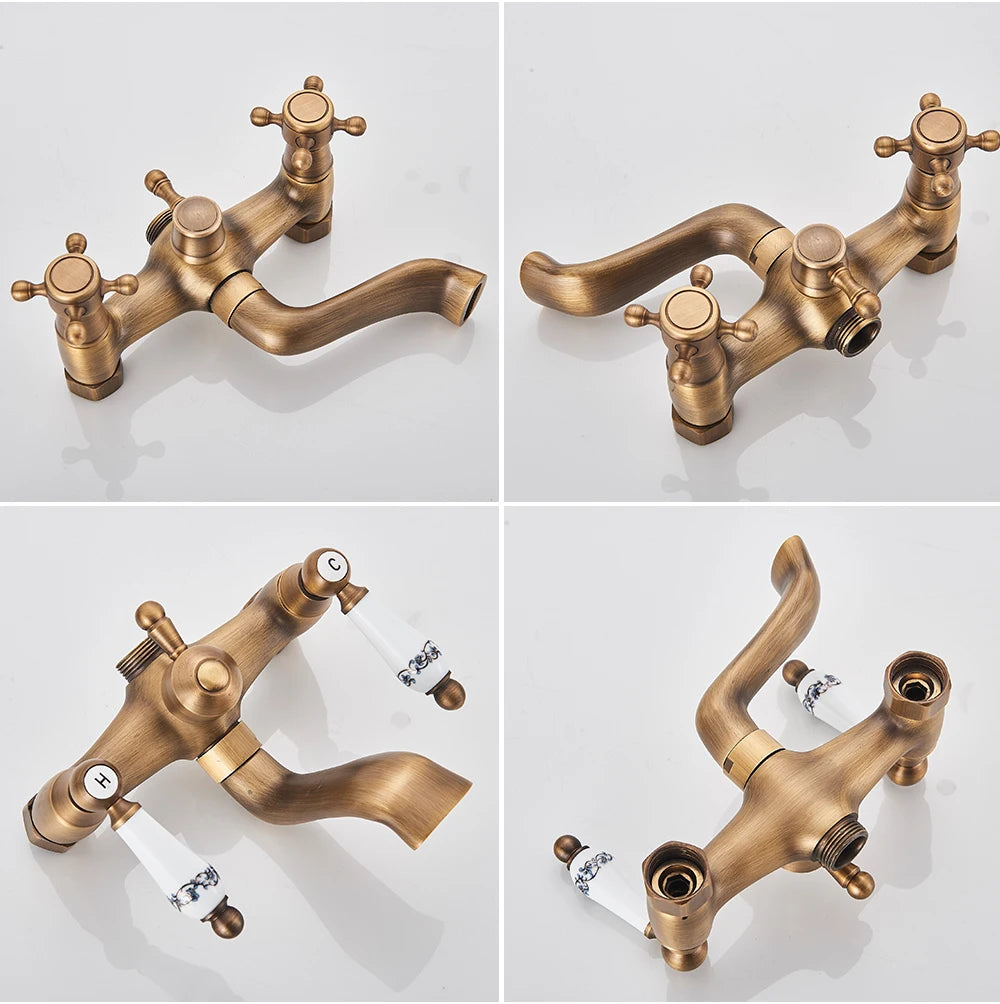 Antique Brass Floor Mounted Bathtub Shower Faucet Dual
