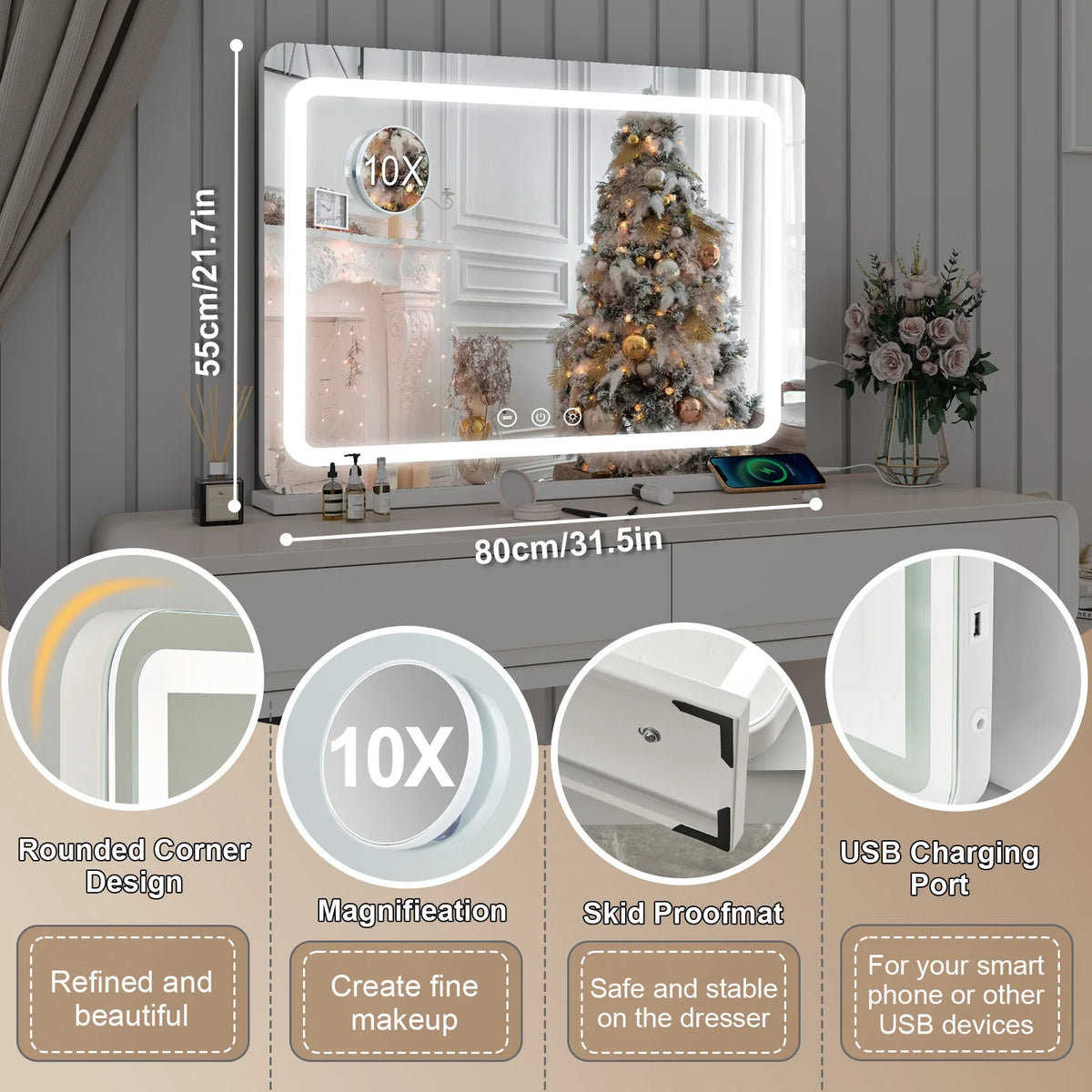 Led Bathroom Mirror 80x55cm Wall Mounted Touch Control