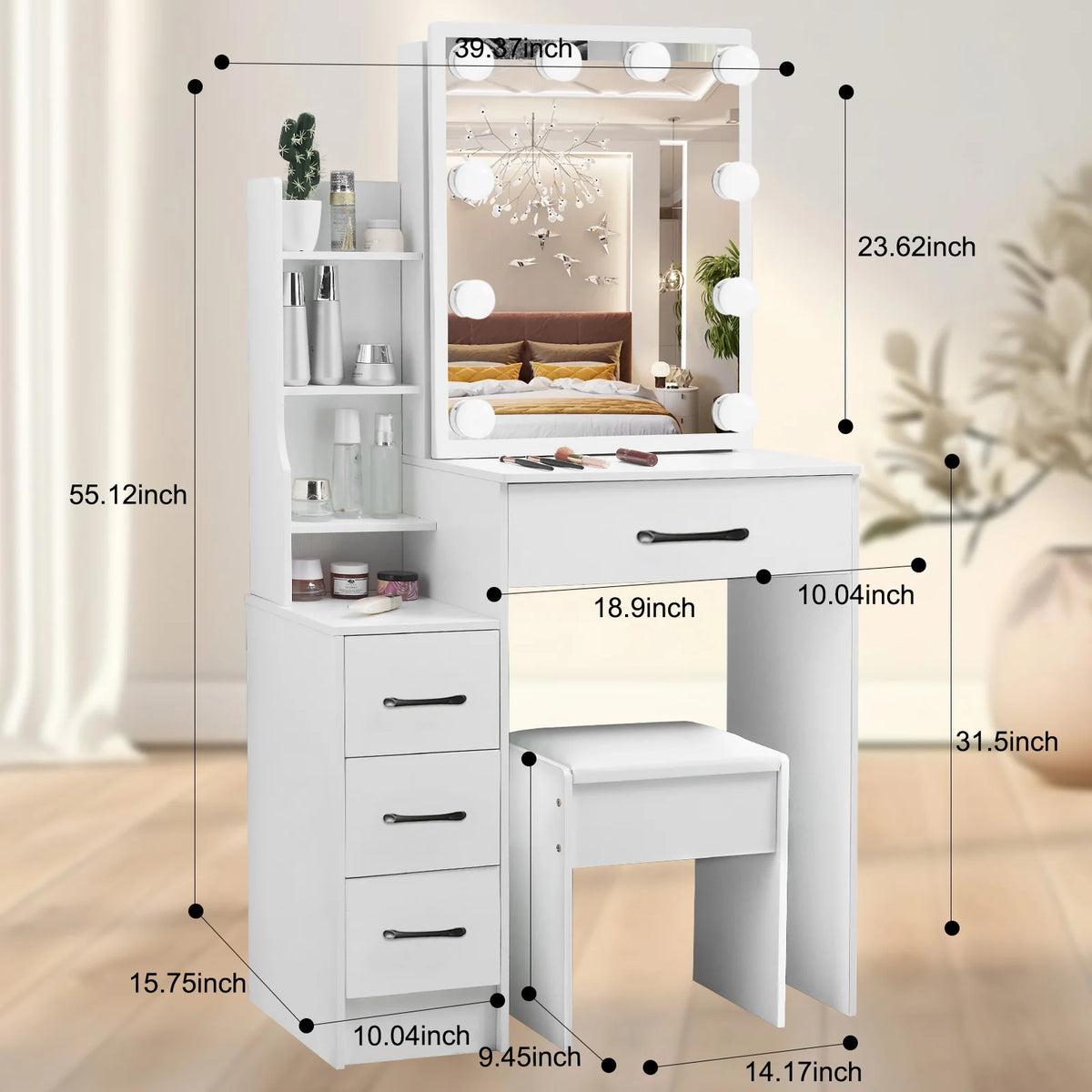 Dressing Table Mirror Led Light Storage Stool Lighting