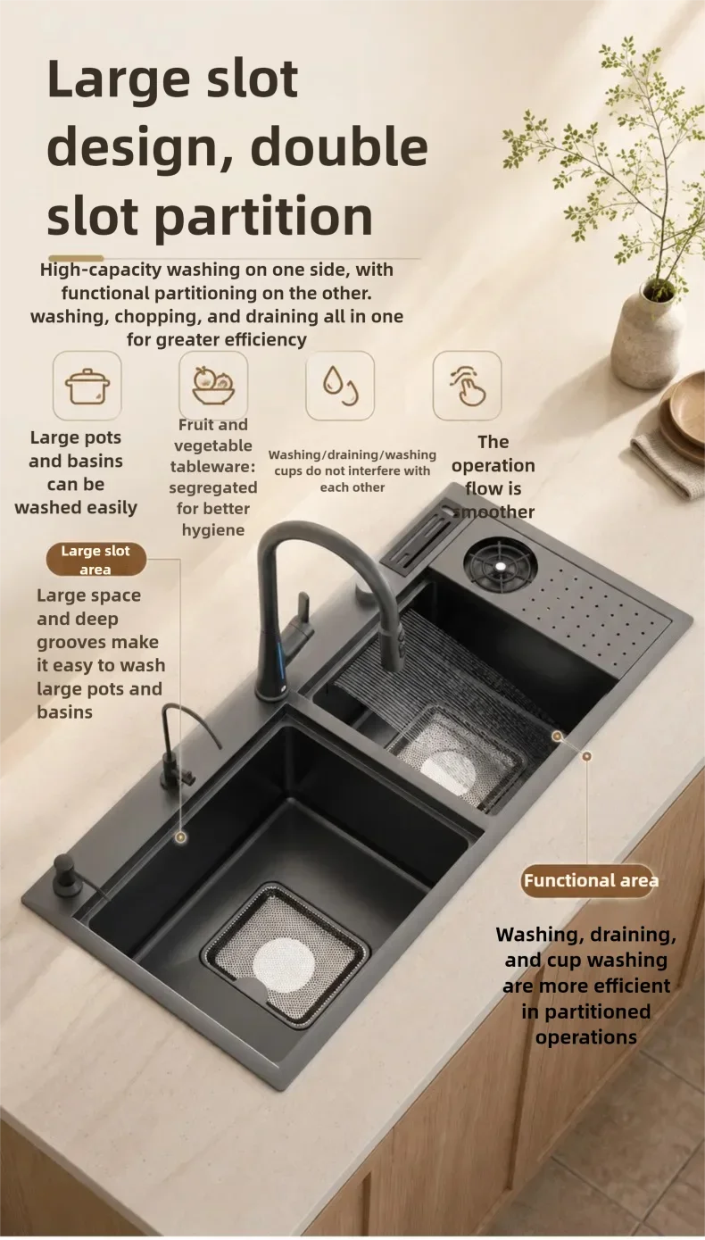 Stainless Steel Waterfall Sink Embossed Hidden Cup Washer