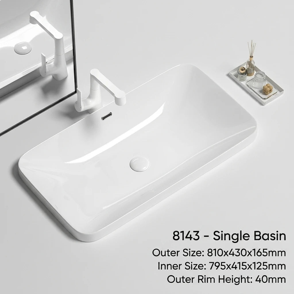 Rectangular Semi Recessed Ceramic Wash Basin Bathroom Countertop