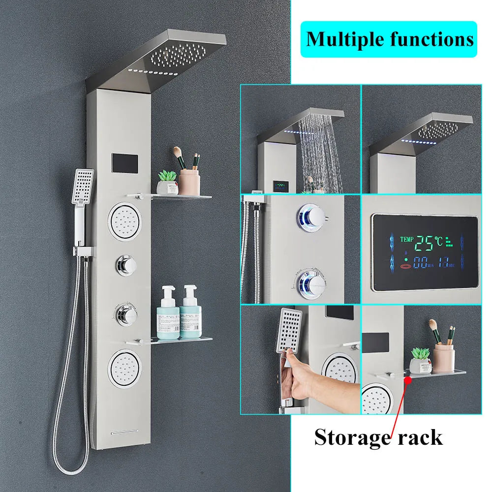 Brushed Nickel Bathroom Led Rainfall Shower Faucet Digital