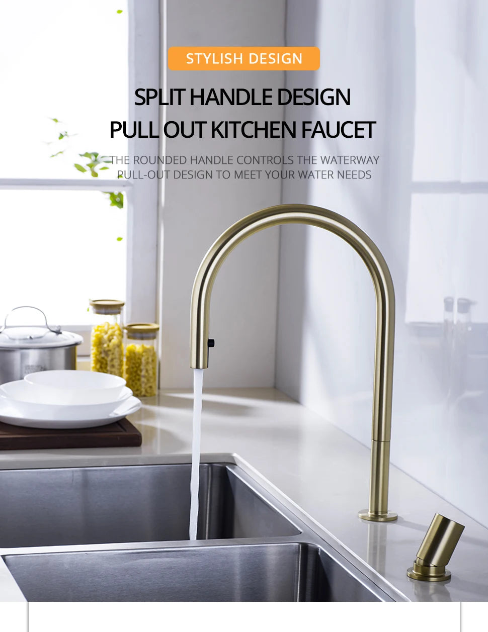 Brushed Gold Faucet Invisible Pull Out Spray Mixer