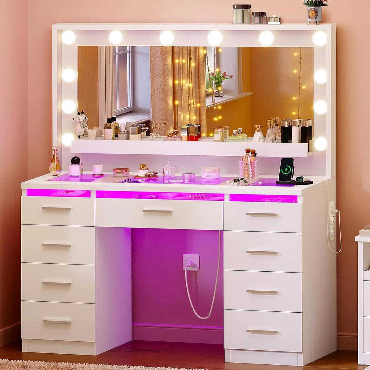 46 Vanity Desk Glass Top & Lights Mirror