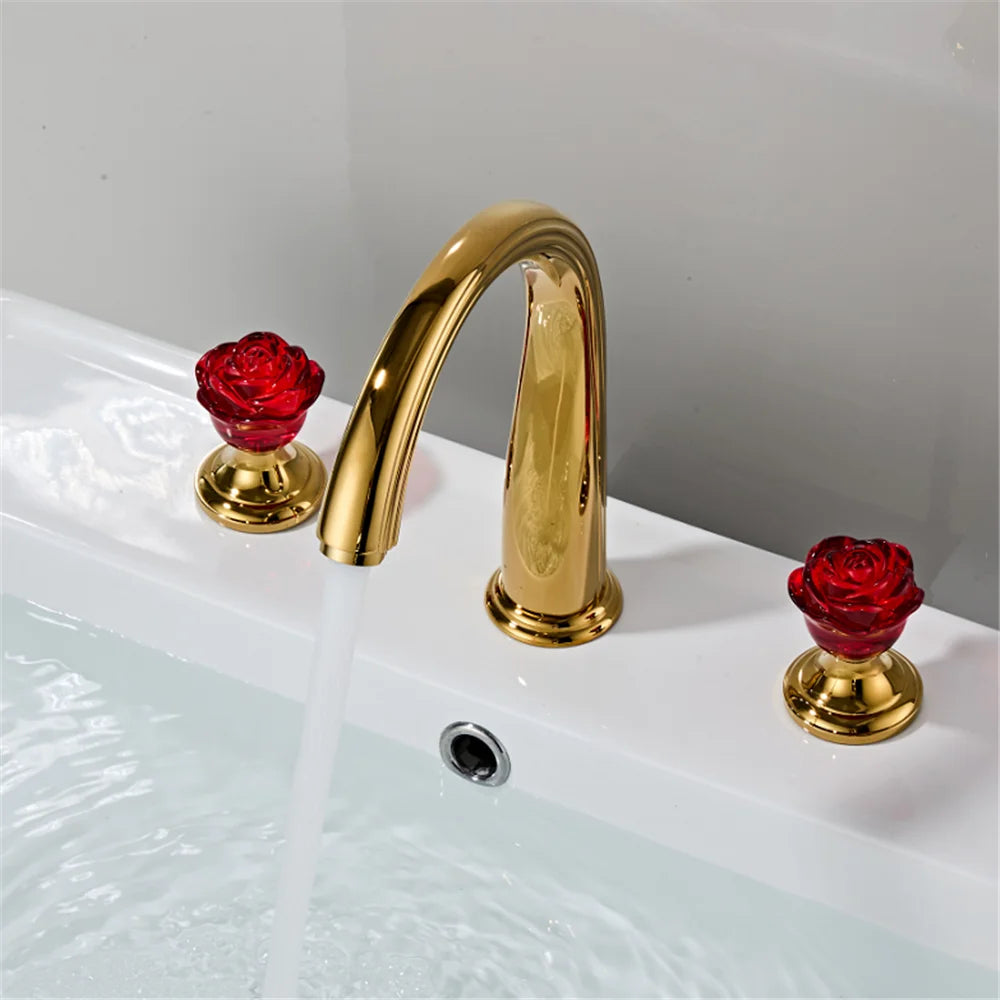 Gold Red Rose Basin Faucet Widespread Sink Tap